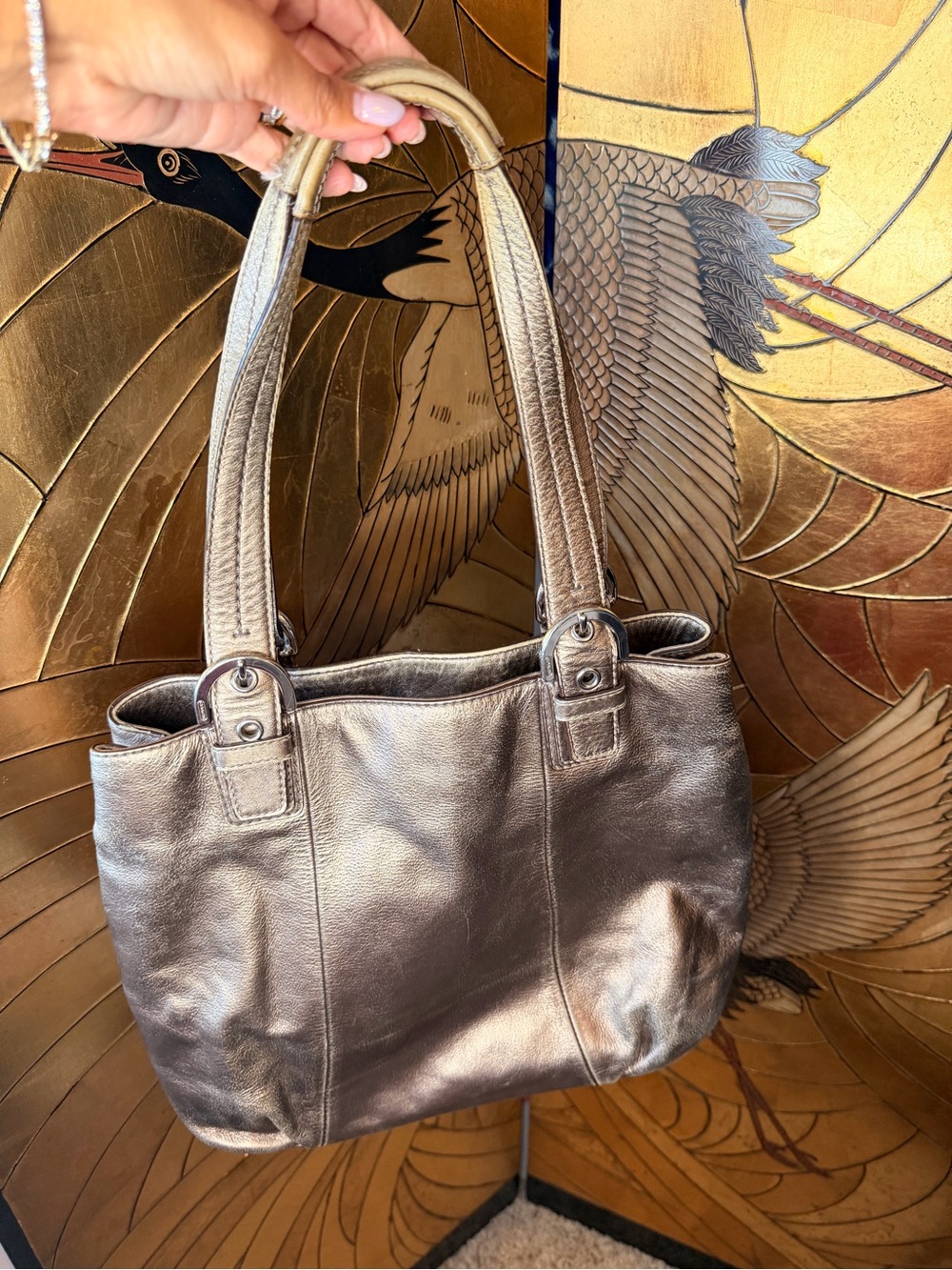Vintage coach Metallic Pewter Leather Shoulder Bag - Women